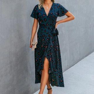 Short-sleeve V-neck Print Ruffle-trim Midi Wrap Dress