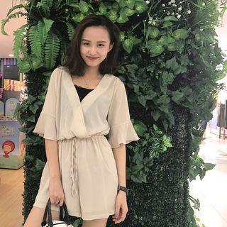 Elbow-sleeve V-neck Chiffon Playsuit