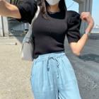 Puff-sleeve Ribbed Knit Crop Top