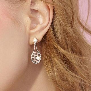 925 Sterling Silver Faux Pearl Tennis Racquet Dangle Earring As Shown In Figure - One Size