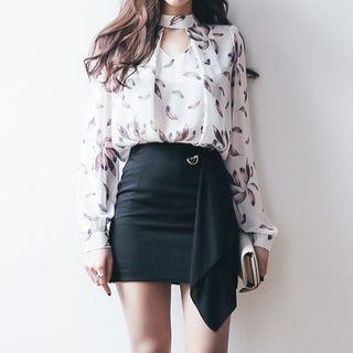 Set: Printed Chiffon Blouse + Ruffle Miniskirt