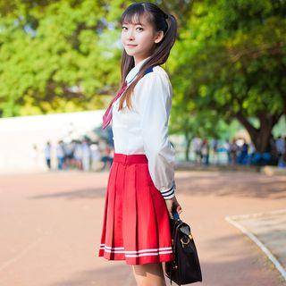 Embroidered Tie Long-sleeve Shirt / Striped Pleated Skirt