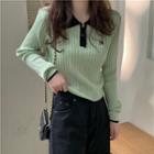 Color Block Lapel Embroidered Lettering Striped Long-sleeve Knit Top