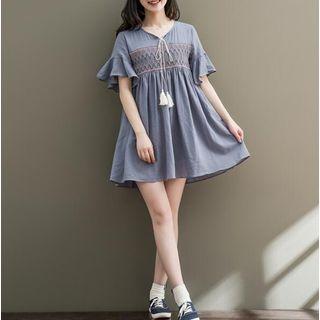 Tasseled Embroidered Short Sleeve Dress