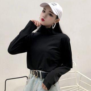 Mock Turtleneck Long-sleeve Top / Round-neck Striped Top