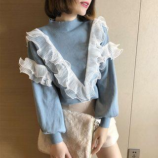 Lace-trim Mock Neck Sweater
