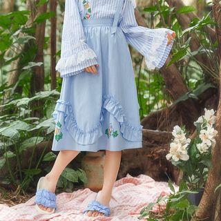 Print Check Ruffle-trim Midi A-line Skirt