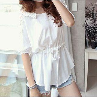 Short-sleeve Drawstring Plain Paneled Top