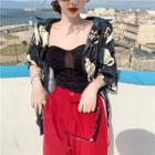 Cat Printed Loose-fit Light Jacket / Plain Tube Top / Color-block Pants