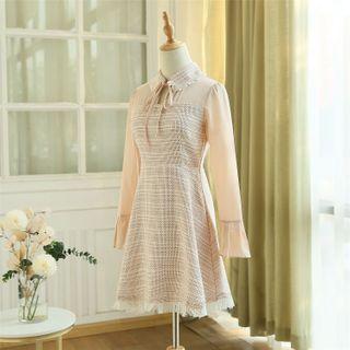 Collared Long-sleeve Mini A-line Tweed Dress