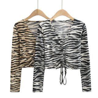 Long-sleeve Zebra Print Drawstring Crop Top