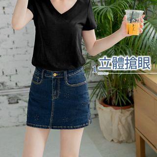 Star Patterned Stretch Denim Mini Skirt