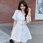 Puff-sleeve Single-breasted Cutout-back Mini A-line Dress