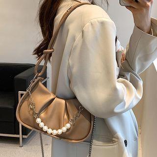 Plain Faux Pearl Faux Leather Shoulder Bag