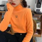Cat Embroidered Turtleneck Long-sleeve T-shirt