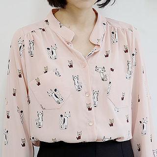Open-placket Cat Pattern Shirt