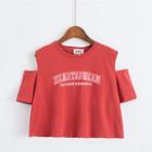 Lettering Cut Out Shoulder Cropped Elbow Sleeve T-shirt