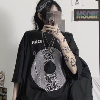 Printed Oversize Elbow-sleeve T-shirt Black - One Size