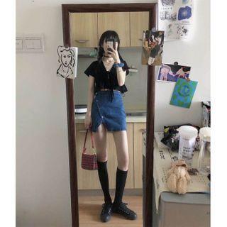 Short-sleeve Drawstring Crop Top / Fitted Denim Mini Skirt