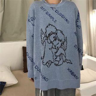 Couple Matching Printed Sweater Light Blue - One Size