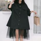 Elbow-sleeve Mesh Panel Midi Shirtdress Black - One Size