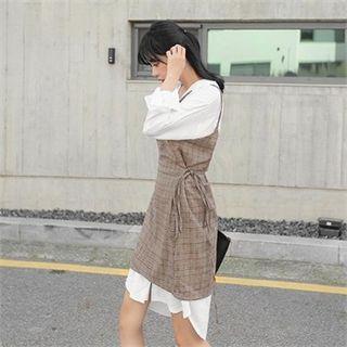 Mock Two-piece Wrap-front Plaid Shirtdress