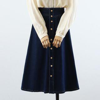 Puff-sleeve Bow Blouse / Midi A-line Denim Skirt