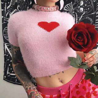Short Sleeve Heart Print Knit Top