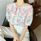 Short-sleeve Wide Collar Floral Embroidered Chiffon Top