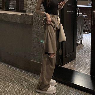 High-waist Drawstring Plain Ripped Shift Wide-leg Pants