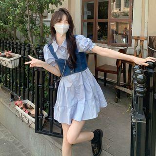 Set: Puff-sleeve Mini A-line Shirt Dress + Denim Crop Tank Top