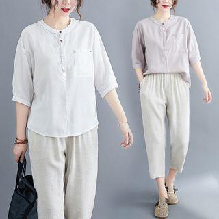 Set: Pocket Detail Elbow-sleeve Blouse + Cropped Harem Pants