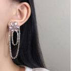 Flower Faux Crystal Chained Dangle Earring Stud Earring - 1 Pair - Silver Stud - Pink - One Size