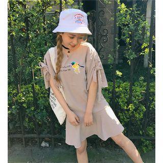 Bird Embroidered Pinstriped Elbow Sleeve Dress
