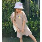 Bird Embroidered Pinstriped Elbow Sleeve Dress