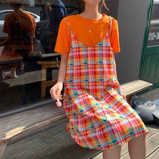 Plaid Suspender Skirt + Plain Short-sleeve Top