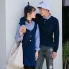 Couple Matching Striped Panel Pullover / Mock Two-piece Long-sleeve Dress