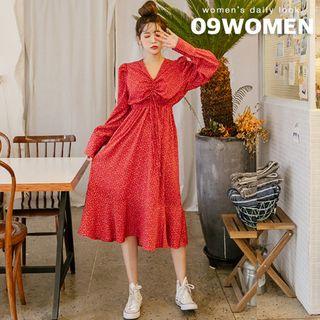 Puff-sleeve Drawstring Long Floral Dress