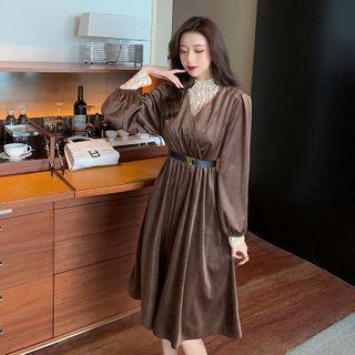 Set: Lace Blouse + Puff-sleeve A-line Dress