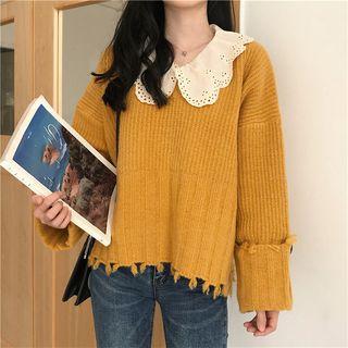 Eyelet Lace Panel Fringed Sweater