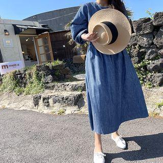 Band-waist Long Denim Dress Blue - One Size