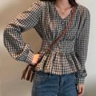 V-neck Checked Blouse As Shown In Figure - One Size