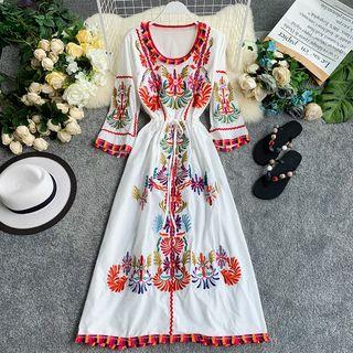 Long-sleeve Embroidered A-line Maxi Dress White - One Size
