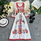 Long-sleeve Embroidered A-line Maxi Dress White - One Size