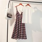 Set: Short-sleeve Top + Strappy Patterned A-line Dress