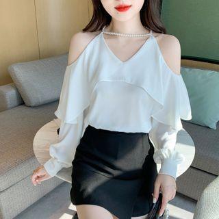 Ruffle Trim Cold-shoulder Blouse