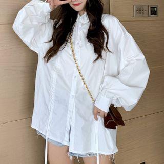 Plain Long-sleeve Drawstring Shirt