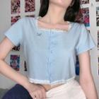 Lace Trim Embroidered Short-sleeve Button Cropped T-shirt