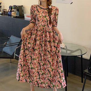 Short-sleeve Floral Smock Dress / Midi Dress