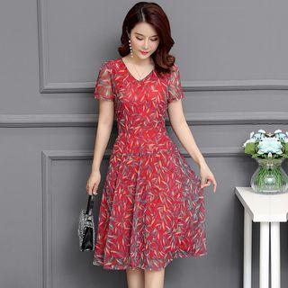 Leaf Print Short-sleeve A-line Chiffon Dress